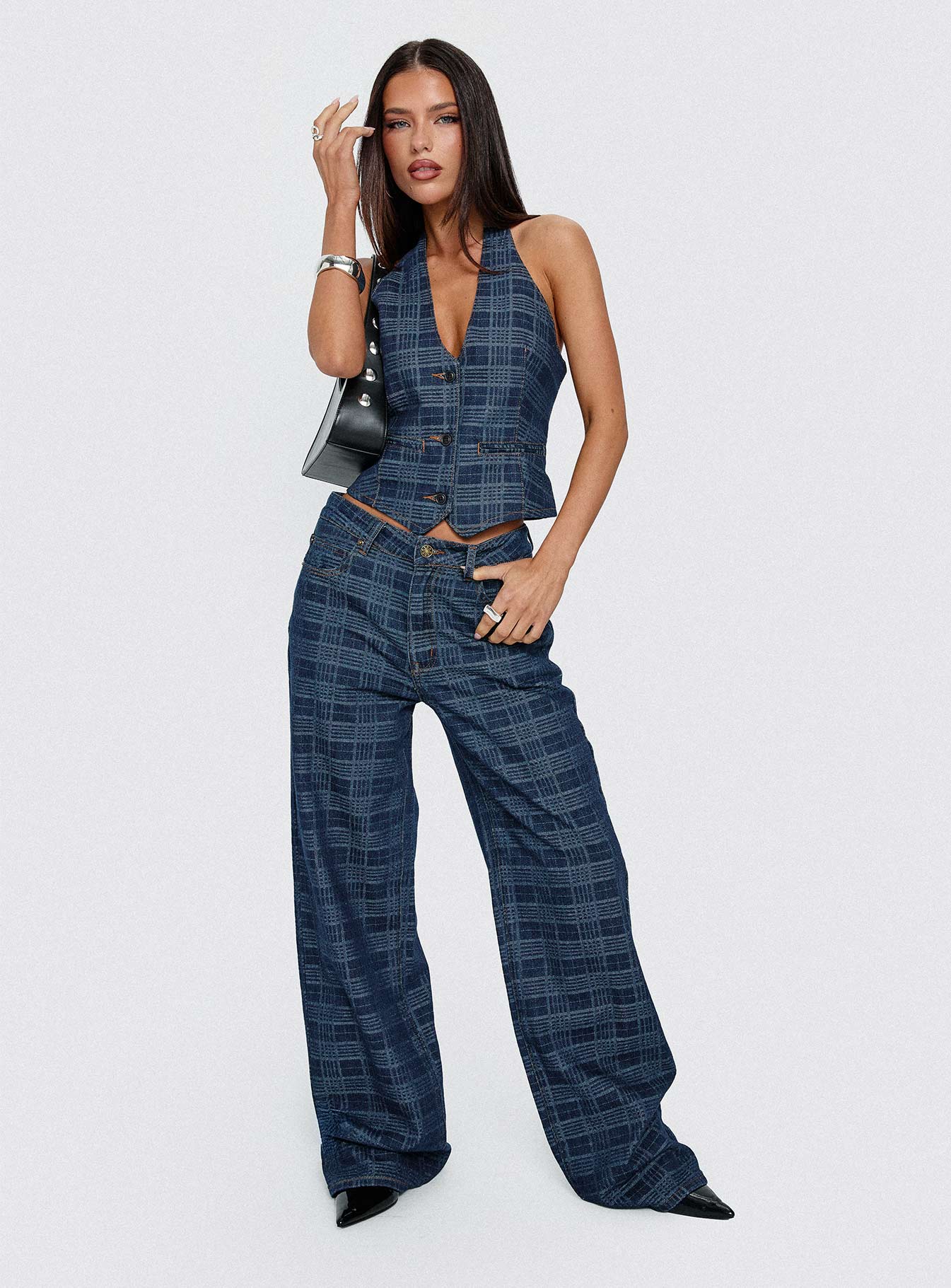 Top Model Low Rise Straight Leg Jeans Indigo Plaid