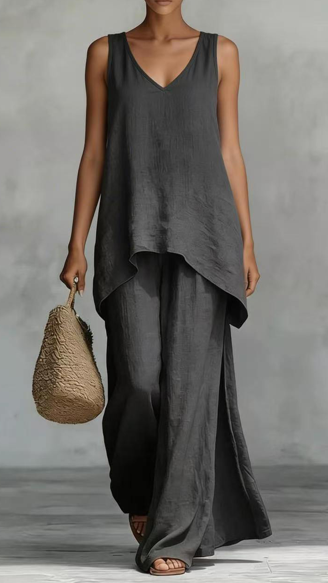 Women's Casual Vacation Style - Cotton-Blend Textured Sleeveless Top and Wide-Leg Pants Set - Nordfashionstorm - Women's Clothing, Fashion for You - Nordfashionstorm.com