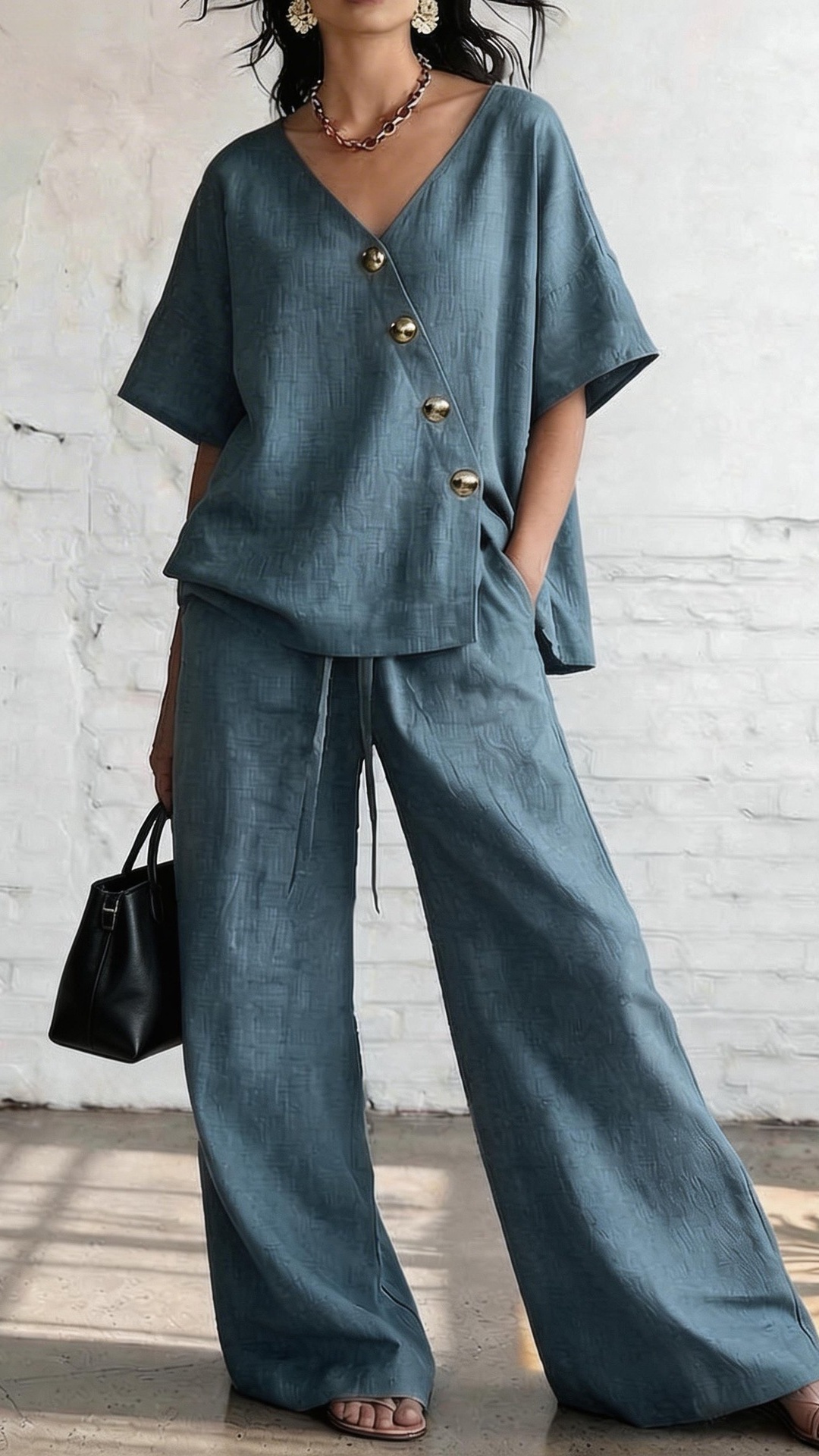 Women's Casual Vacation Loose Cotton Linen V-Neck Wide-Leg Pants Two-Piece Set - Nordfashionstorm - Women's Clothing, Fashion for You - Nordfashionstorm.com