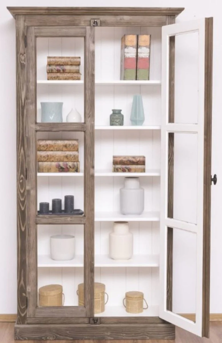 Country house style display cabinet brown / white 109 x 40 x H. 210 cm - solid wood cabinet with 2 glass doors - display cabinet - country house style furniture