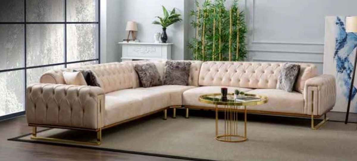 Luxury corner sofa cream / brown / gold 290 x 290 x H. 85 cm - living room sofa with sleeping function - living room furniture - luxury furniture - furniture luxury - living room furnishings - luxury furnishings
