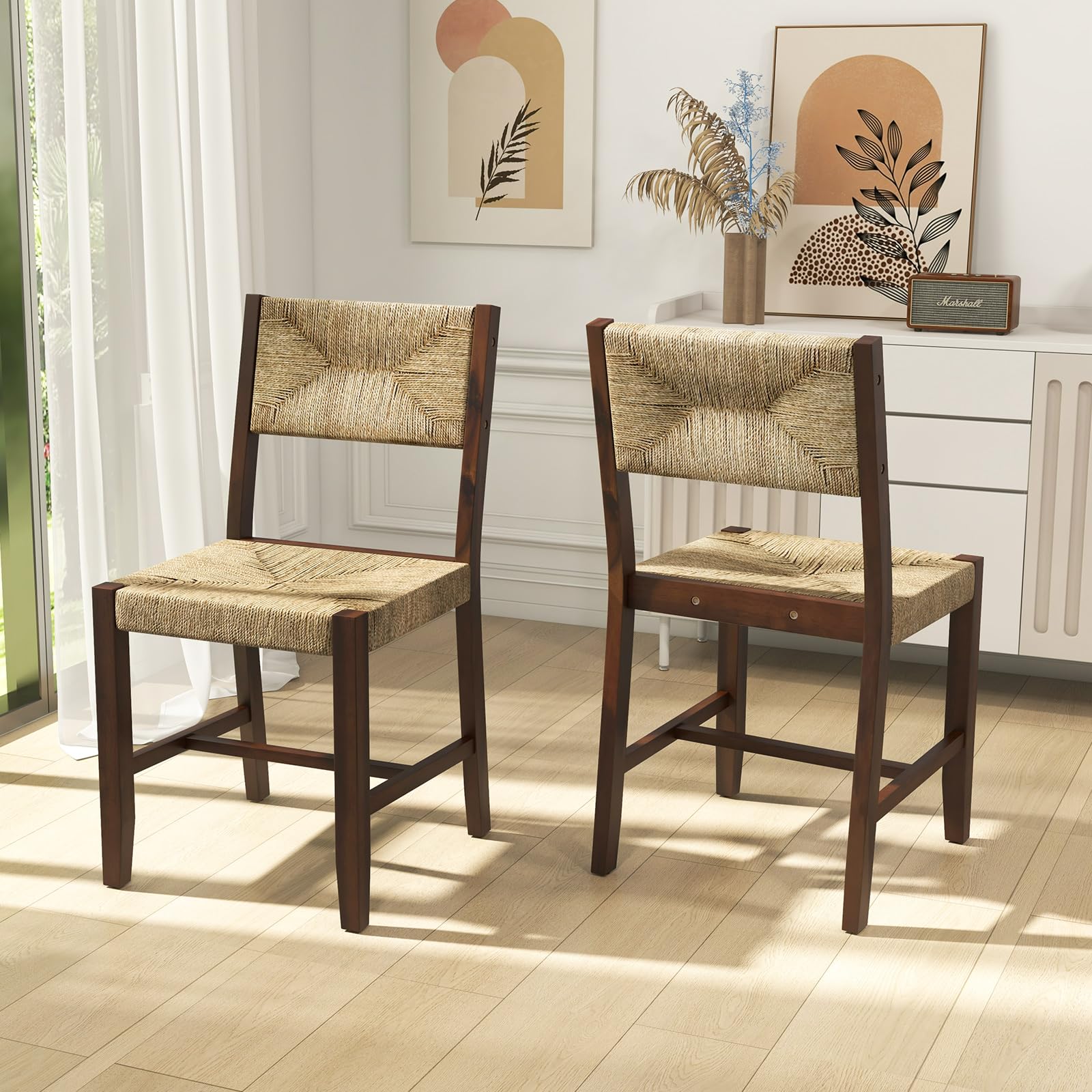 BEFOUNDLOVELY Rattan Dining Chairs Set of 2/4, Farmhouse Cane Side Chairs w/Woven Seaweed Backrest & Seat