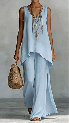 Women's Casual Vacation Style - Cotton-Blend Textured Sleeveless Top and Wide-Leg Pants Set - Nordfashionstorm - Women's Clothing, Fashion for You - Nordfashionstorm.com