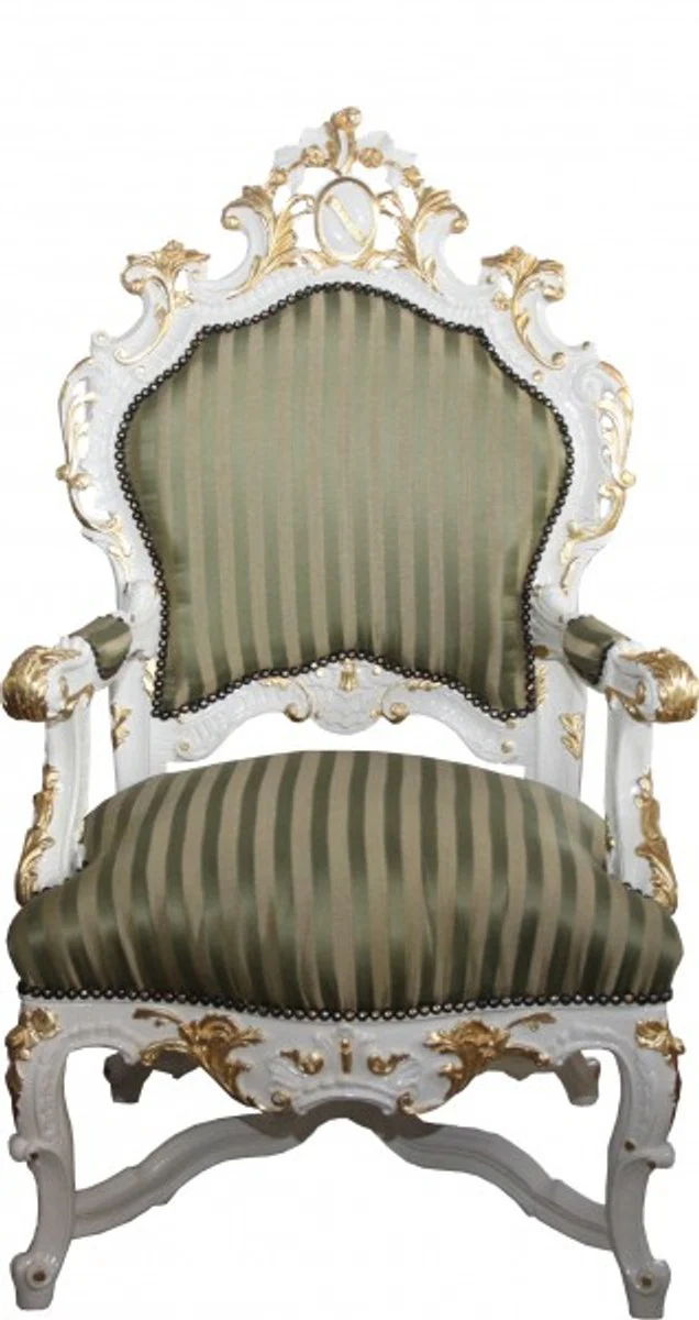 Baroque luxury throne chair green/gold stripes/white/gold - unique - baroque furniture throne king chair - Limited Edition