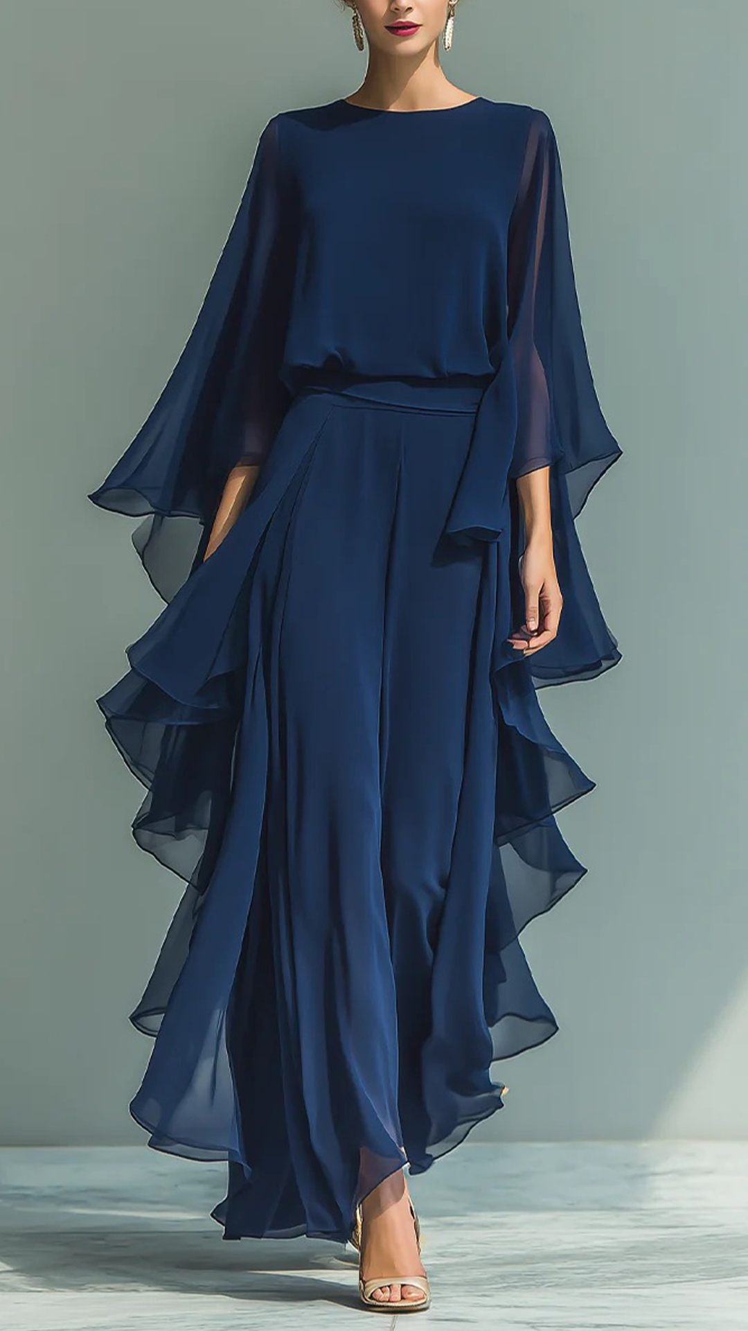 Chiffon Ruffled Bell Sleeve Straight Leg Trousers Set - Nordfashionstorm - Women's Clothing, Fashion for You - Nordfashionstorm.com