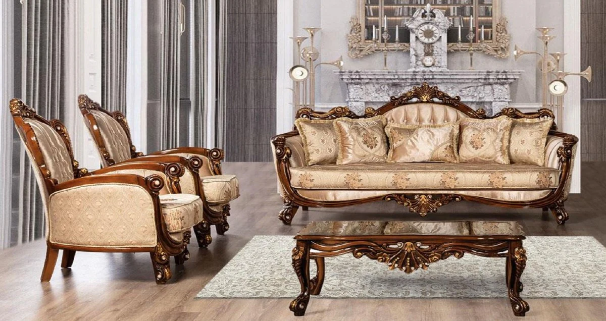 Luxury Baroque Living Room Set Beige / Brown / Gold - 2 Baroque Sofas & 2 Baroque Armchairs & 1 Baroque Coffee Table - Baroque Living Room Furniture