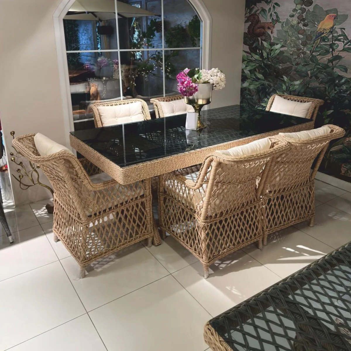 Luxury rattan garden dining table with glass top natural color / gray 200 cm