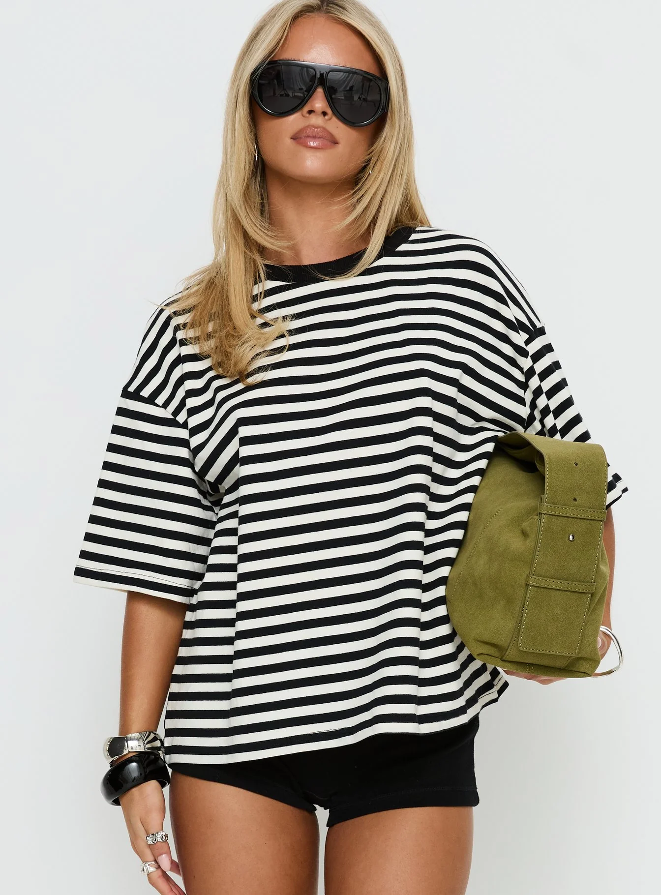 Settle Down Short Sleeve Top Black / White Stripe