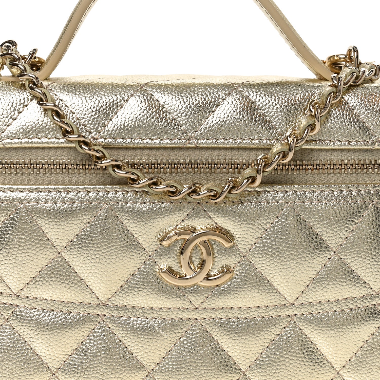 Metallic Caviar Quilted Trendy Handle Slim Vanity Light Golden - Top Club