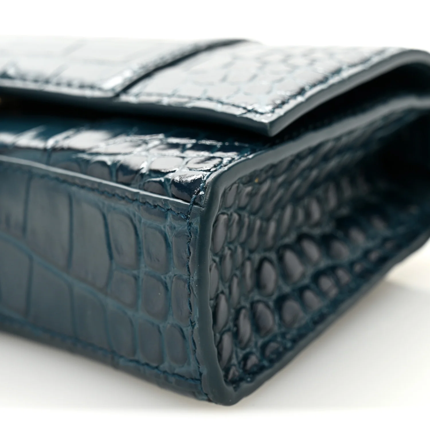 Shiny Calfskin Crocodile Embossed Hourglass Chain Bag Dark Petrol Blue - Top Club