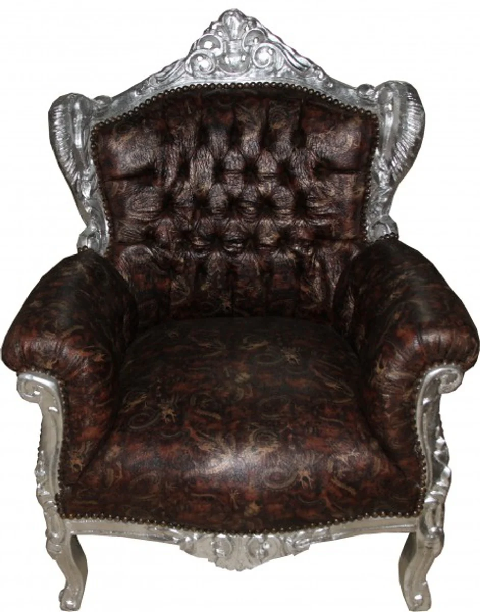 Baroque armchair Lord brown/silver leather look with dragon motif - antique style