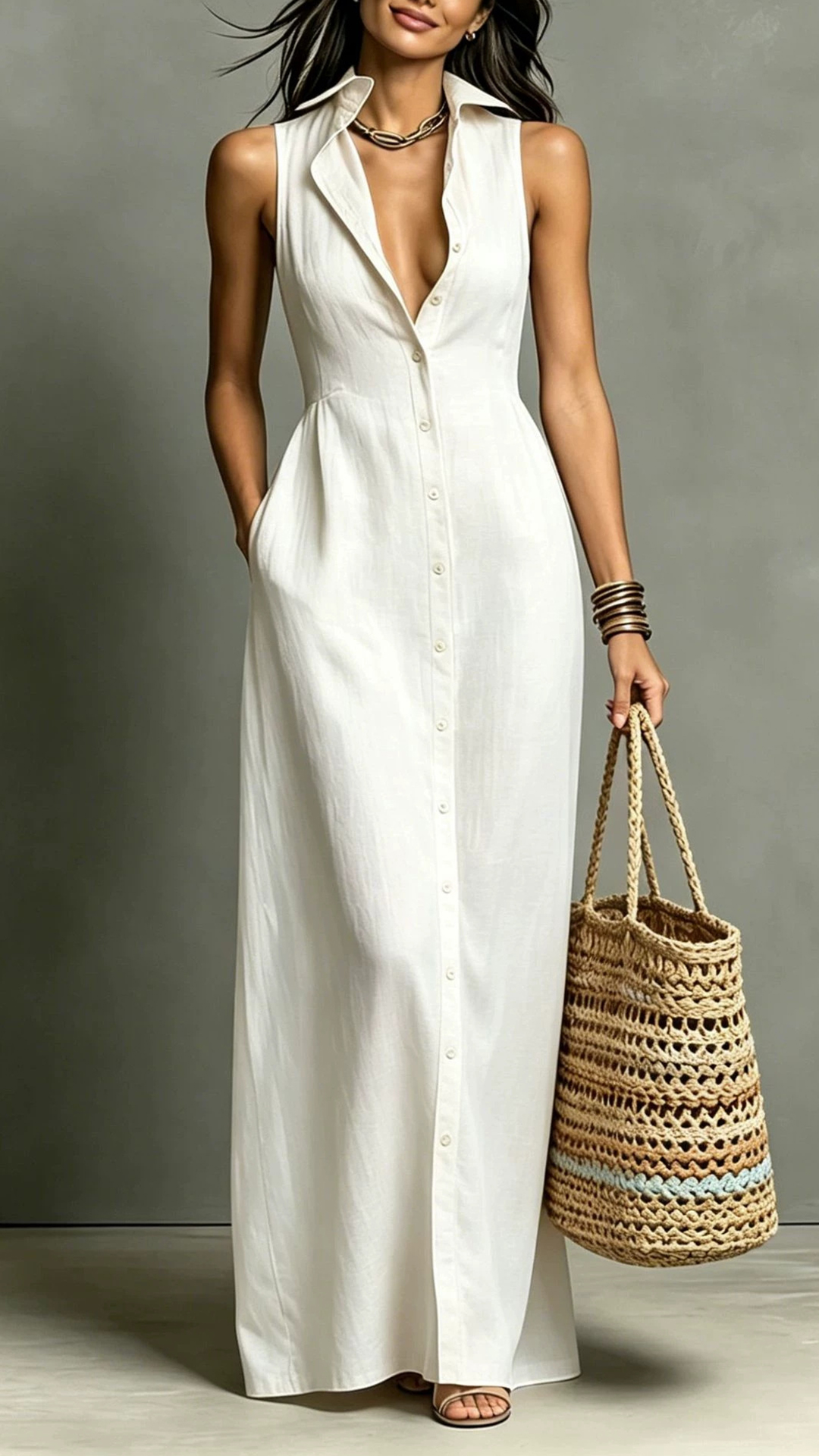 Women's Cotton‑blend Collared Sleeveless Single‑breasted Waist‑cinched Maxi Dress - Nordfashionstorm - Women's Clothing, Fashion for You - Nordfashionstorm.com