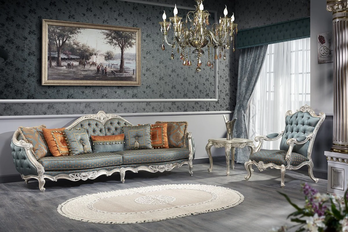 Luxury Baroque Living Room Set - 1 Chesterfield Sofa & 1 Chesterfield Throne Armchair & 1 Side Table - Baroque Living Room Furniture