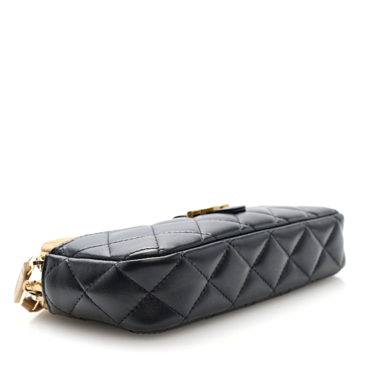 Suede Shiny Lambskin Quilted Phone Holder With Chain Black Beige - Top Club