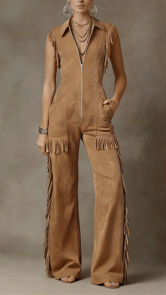 Women's Cotton-Blend Caramel Fringe Slim-Fit Jumpsuit - Nordfashionstorm - Women's Clothing, Fashion for You - Nordfashionstorm.com