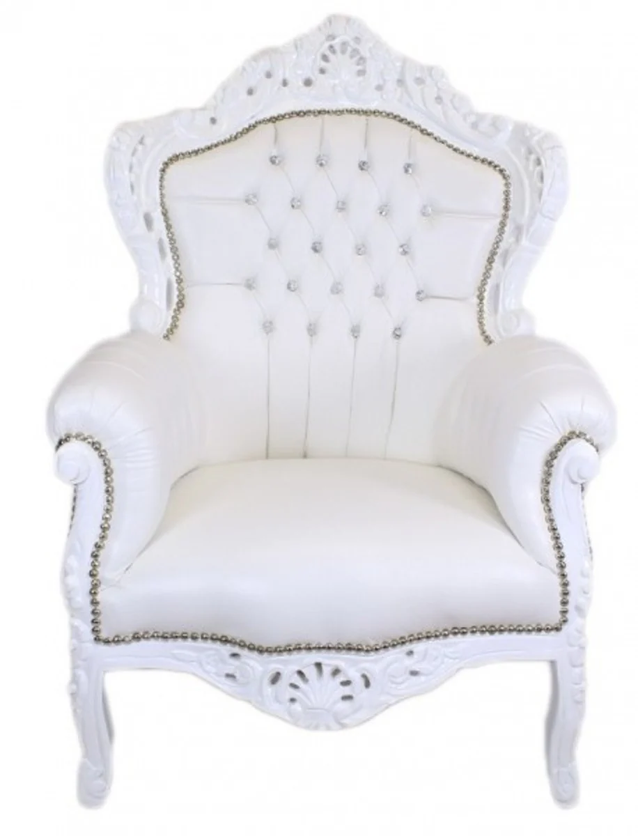 Baroque armchair King white leather look with bling bling glitter stones - luxury baroque furniture