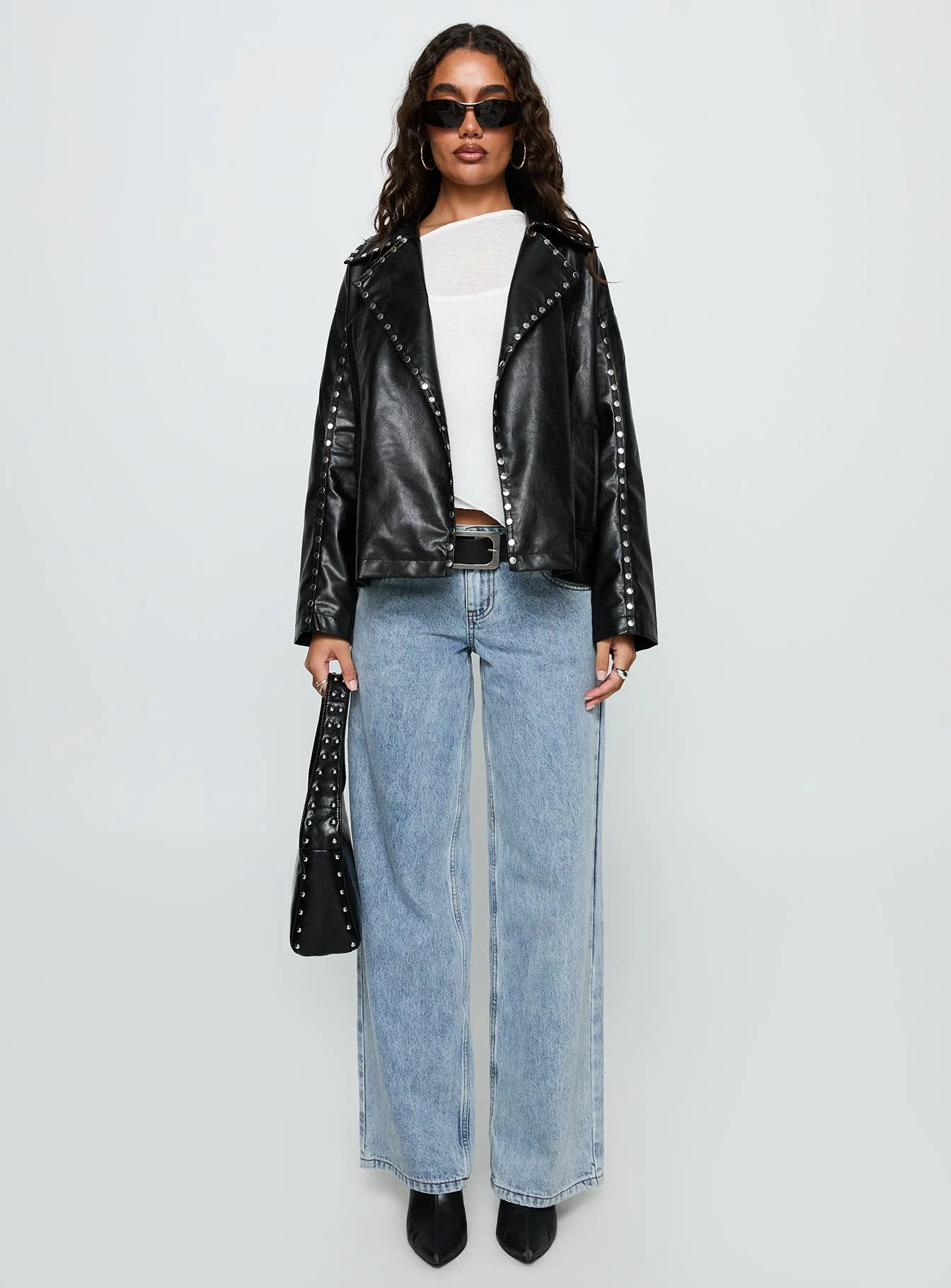 Kaeden Faux Leather Stud Detail Biker Jacket Black