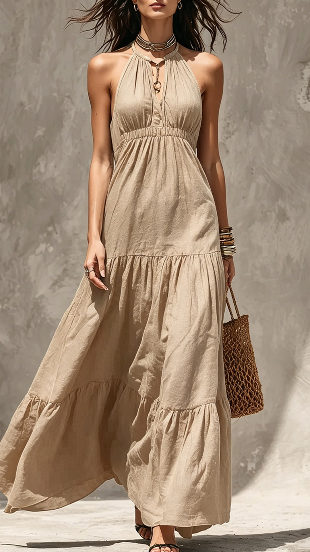 Women's Khaki Halter Waisted Tiered Maxi Dress - Nordfashionstorm - Women's Clothing, Fashion for You - Nordfashionstorm.com