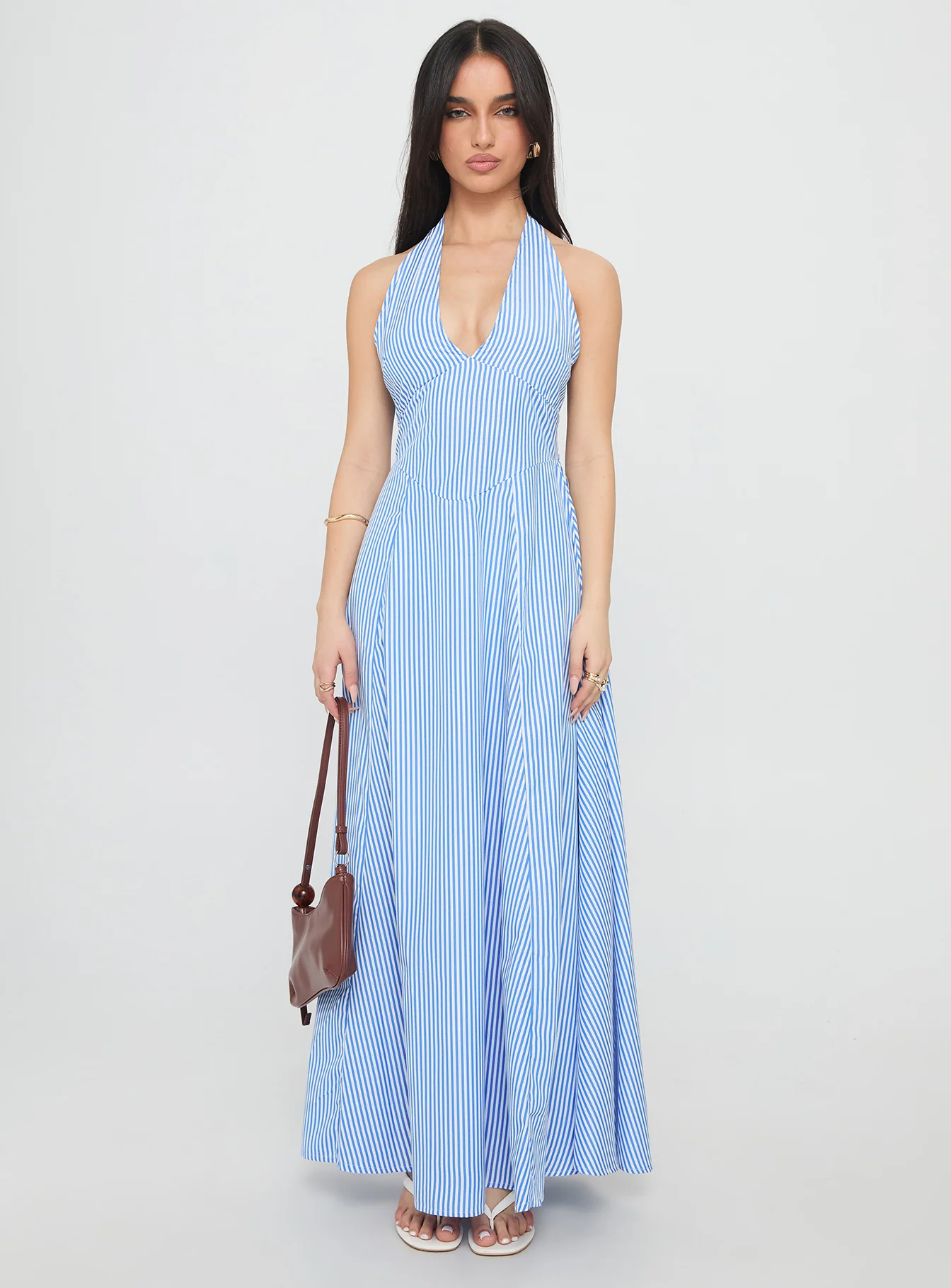 Ivie Halter Plunge Maxi Dress Blue Stripe