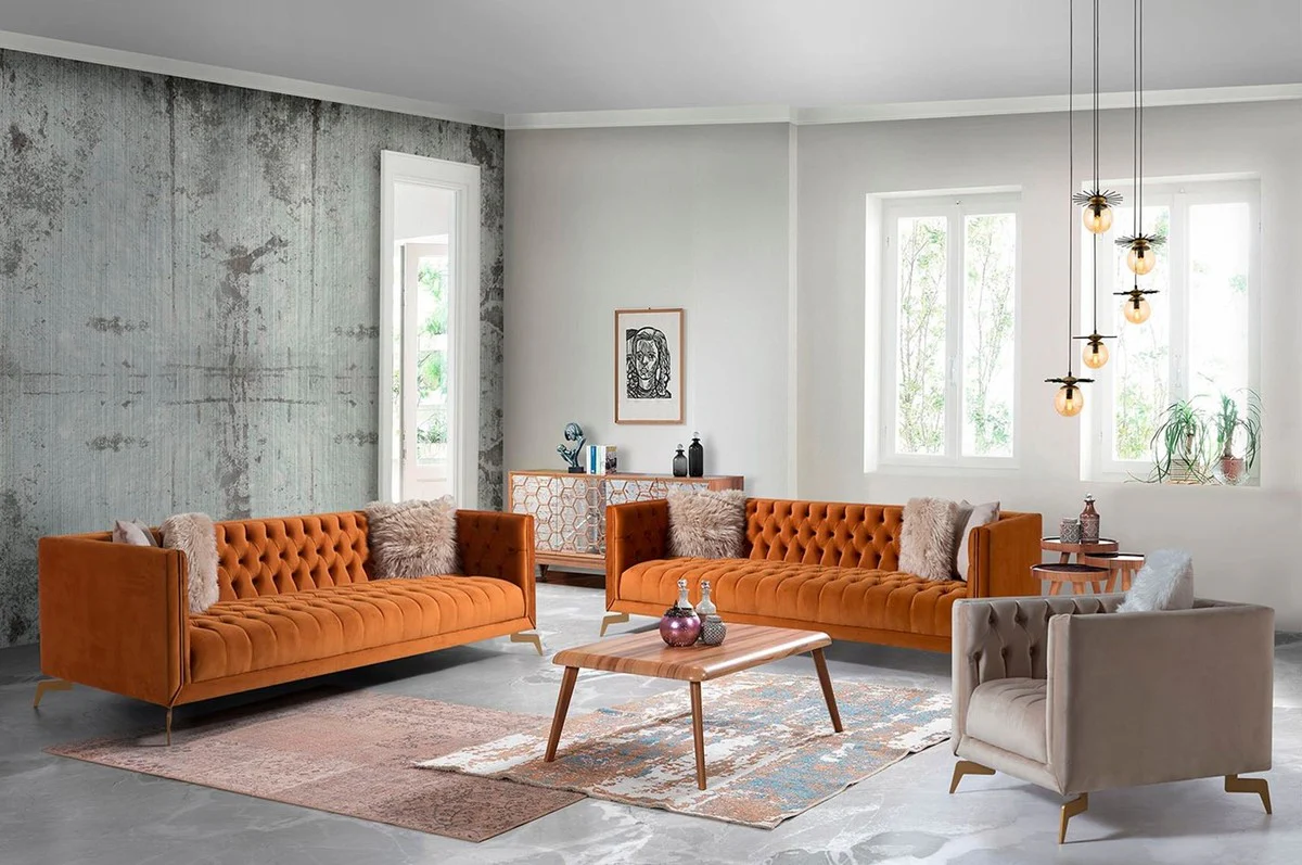 Luxury Chesterfield armchair gray / brass 90 x 85 x H. 75 cm - Modern Chesterfield living room armchair - Luxury Chesterfield living room furniture