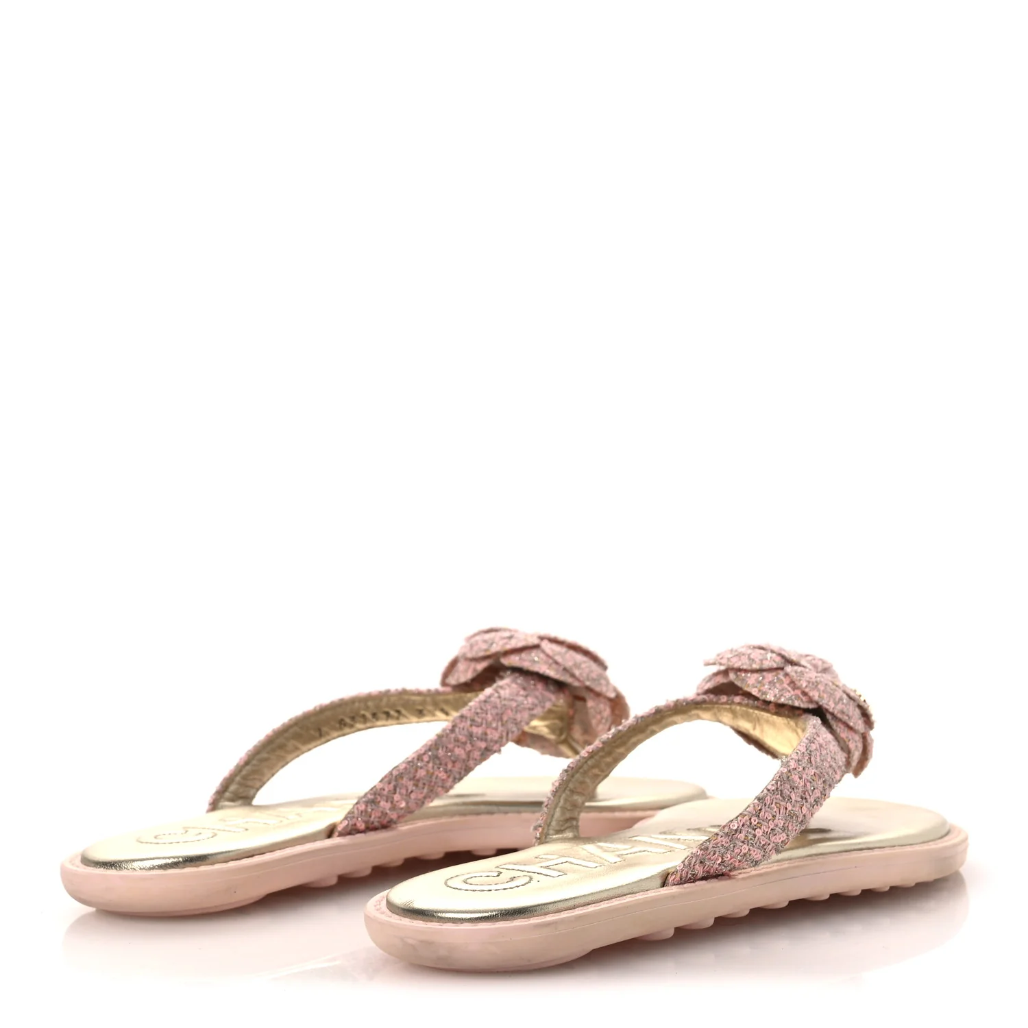 Tweed Camellia Thong Sandals 37.5 Salmon Apricot Gold - Top Club