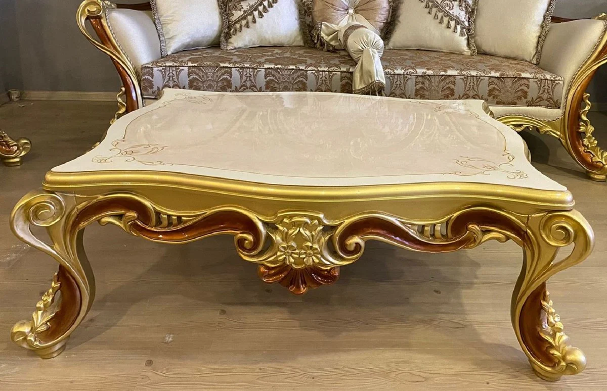 Luxury Baroque Living Room Set Cream / Silver / Gold / Brown - 2 Baroque Sofas & 2 Baroque Armchairs & 1 Baroque Coffee Table - Luxury Living Room Furniture in Baroque Style - Baroque Furniture