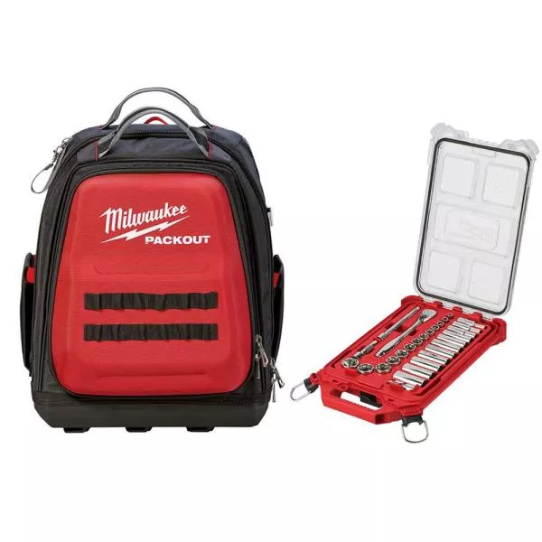 15 in. PACKOUT Backpack and 3/8 in. Drive SAE Ratchet and Socket Mechanics Tool Set with PACKOUT Case (28-Piece)