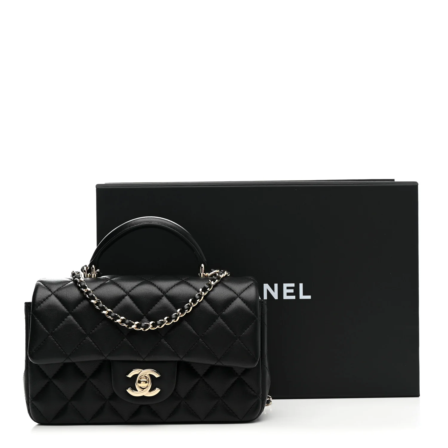 Lambskin Quilted Mini Top Handle Rectangular Flap Black - Top Club