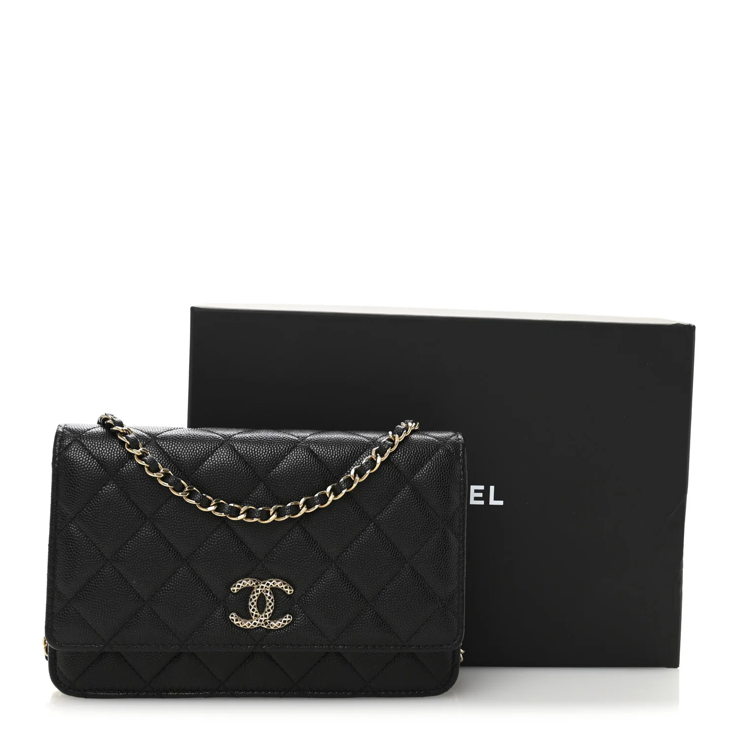 Caviar Quilted Perforated Metal CC Wallet On Chain WOC Black - Top Club