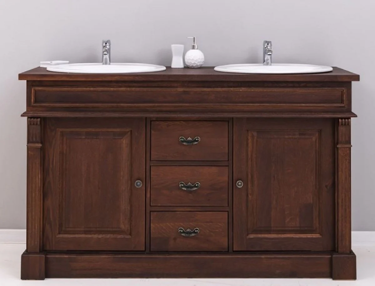 Country house style double sink cabinet with 2 ceramic sinks dark brown / white 150 x 51 x H. 91 cm - Solid wood bathroom furniture in country house style - Country house style furniture