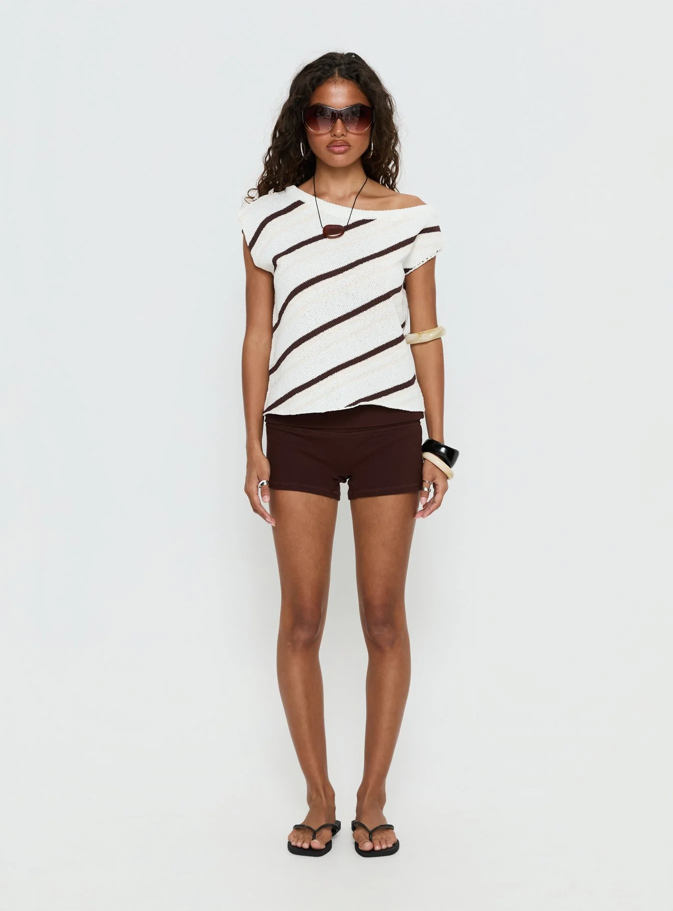 Ashfield Off Shoulder Top White / Beige Stripe