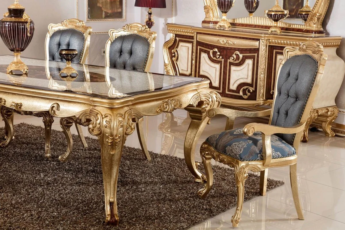 Luxury Baroque Dining Room Set Blue / White / Brown / Gold - 1 Baroque Dining Table & 6 Baroque Dining Chairs - Baroque Dining Room Furniture - Luxury Furniture in Baroque Style - Noble & Magnificent