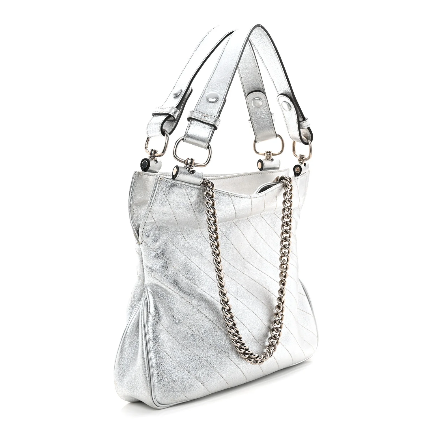 Sakai Be Green Calfskin Diagonal Stitched Small Blondie Tote Silver - Top Club