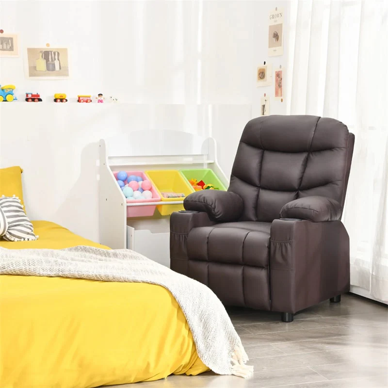 Kids Recliner Chair PU Leather Adjustable Lounge Sofa with Cup Holder, 3 Pockets & Retractable Footrest, Ergonomic Toddler Furniture Sofa