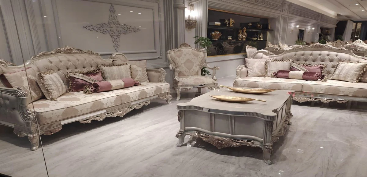 Luxury Baroque Living Room Set Beige / Gray / Copper - 2 Baroque Sofas with Pattern & 2 Baroque Armchairs with Pattern & 1 Baroque Coffee Table - Baroque Living Room Furniture