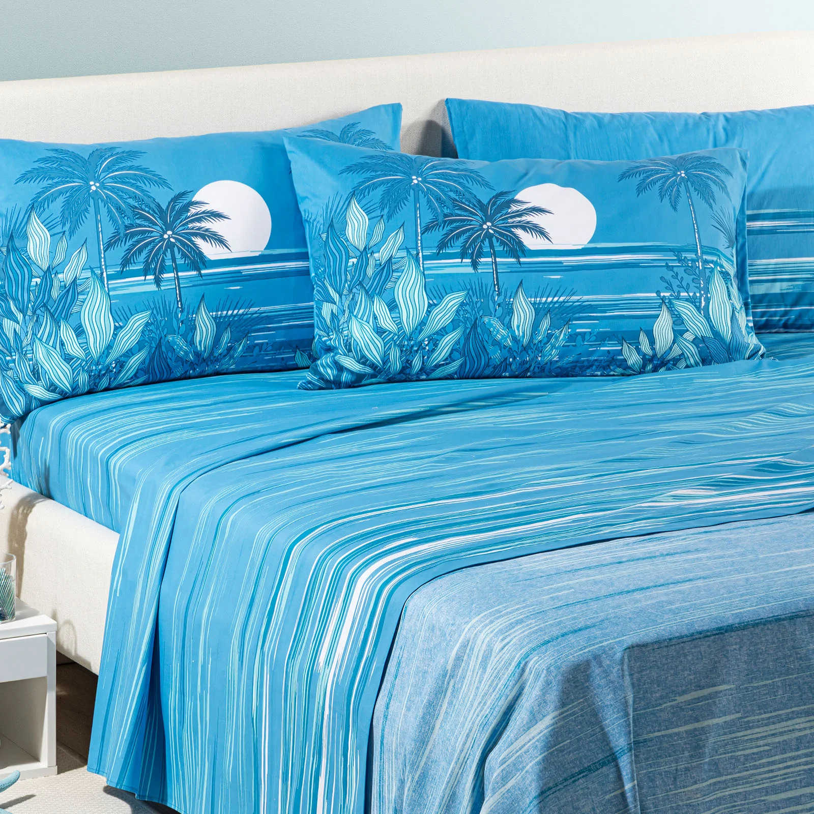 Completo Lenzuola In Cotone Palm Spring Matrimoniale Blu Caleffi