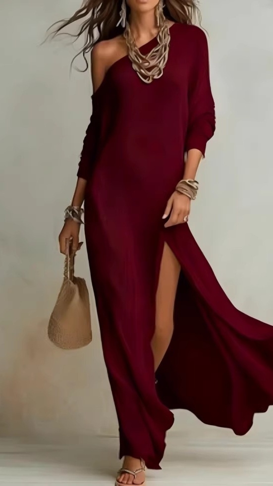 Women's Elegant Long-Sleeve Knitted Dress with Pleats and Slit - Nordfashionstorm - Women's Clothing, Fashion for You - Nordfashionstorm.com