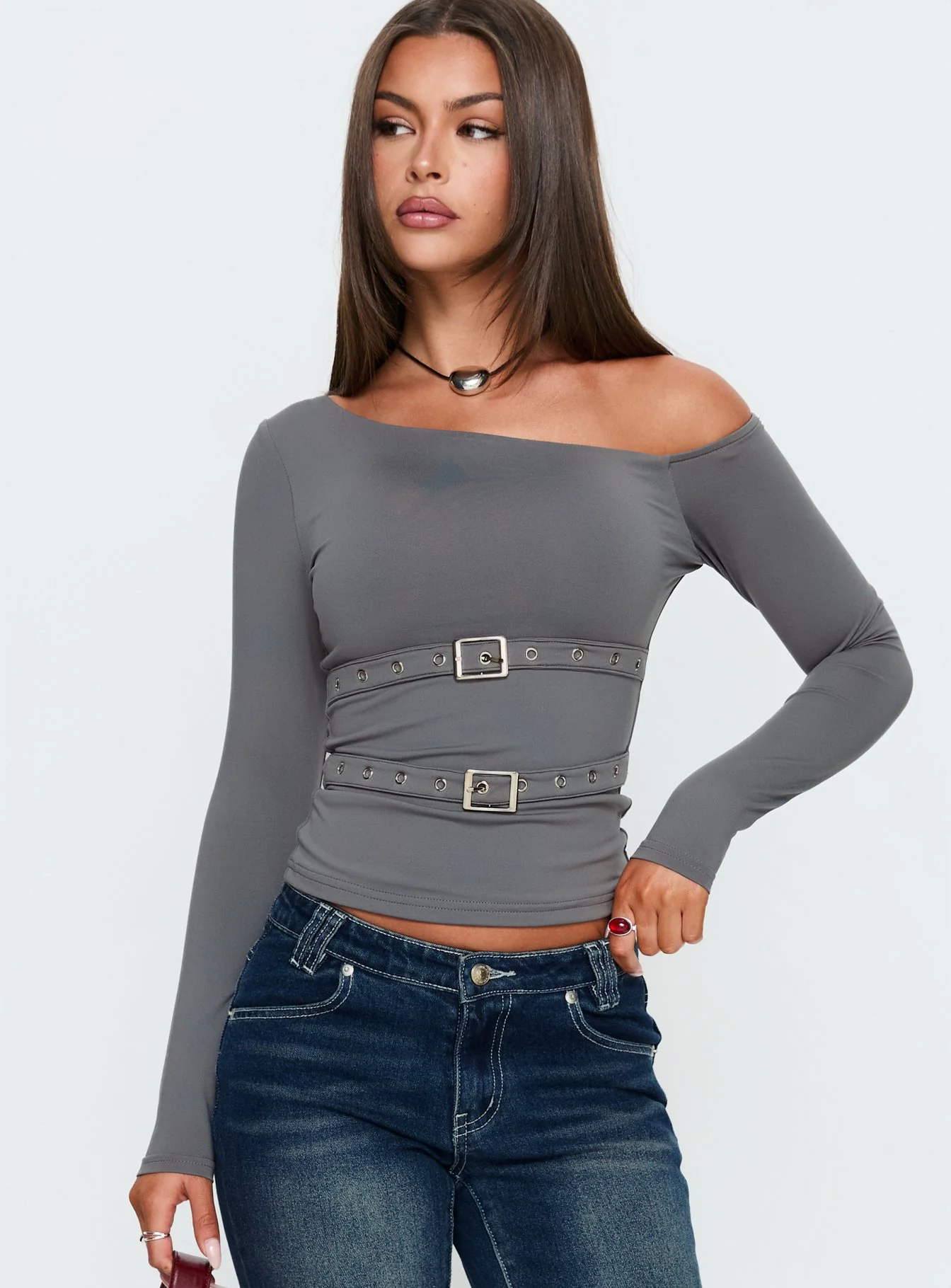 Luisana Buckle Detail One Shoulder Top Dark Grey