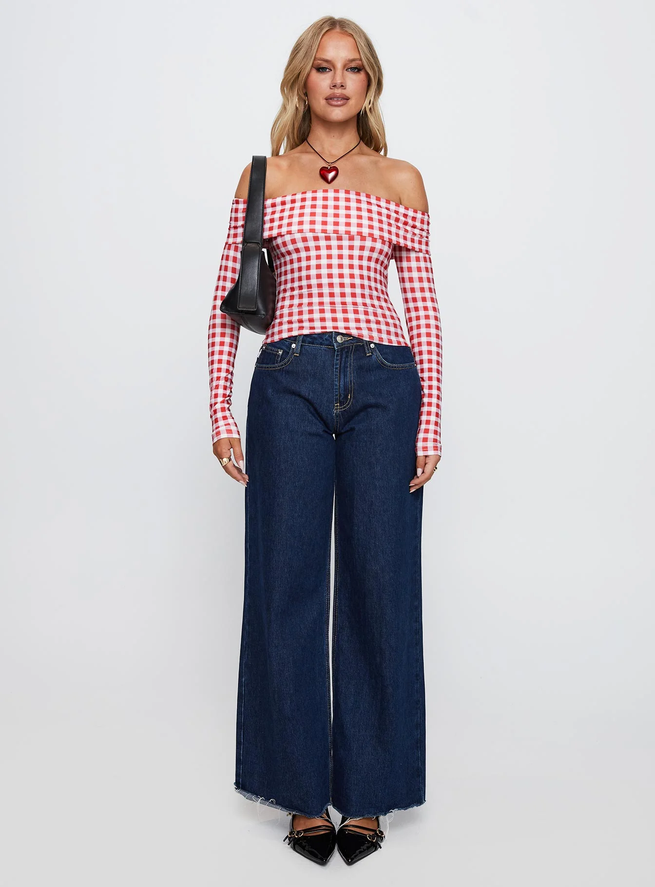 Singular Off The Shoulder Long Sleeve Top Red Check