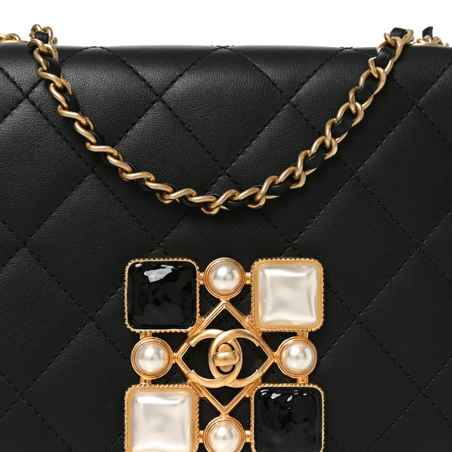 Calfskin Quilted Crystal Pearl Small Flap Bag Black - Top Club