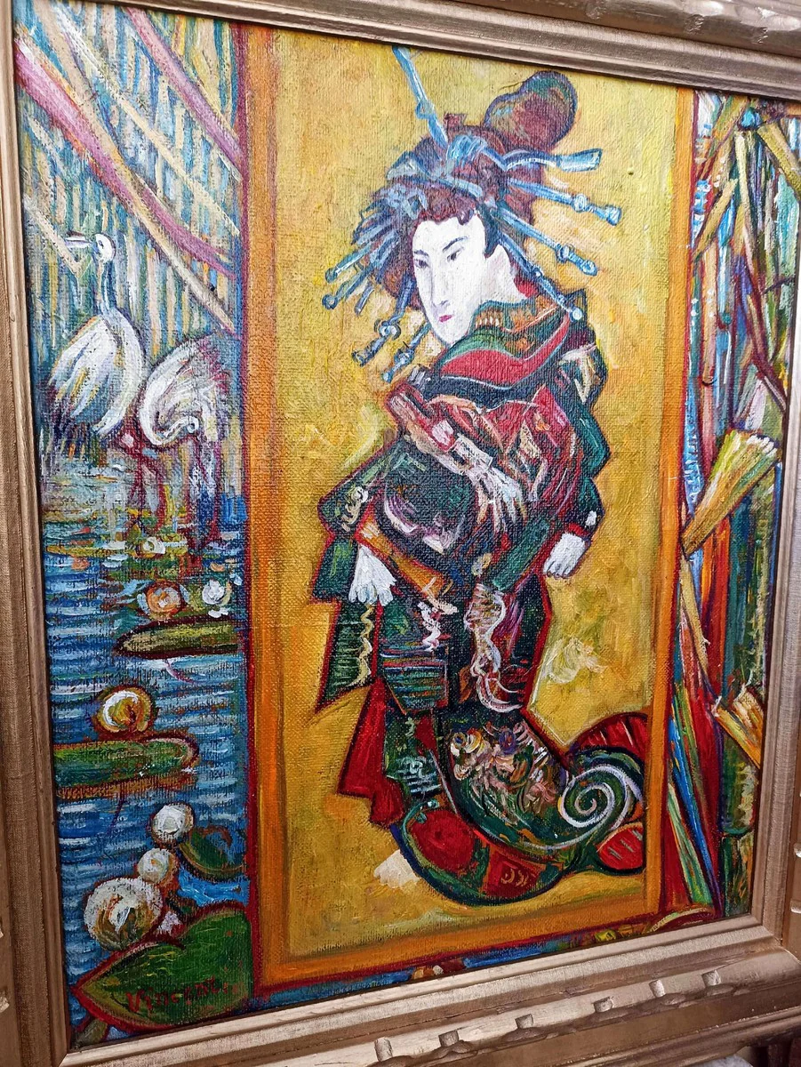 Vintage oil painting after Vincent van Gogh Cortesan Japanese Woman 83.5 x 73.5 cm - Authentic antique painting after the original - Hand painted
