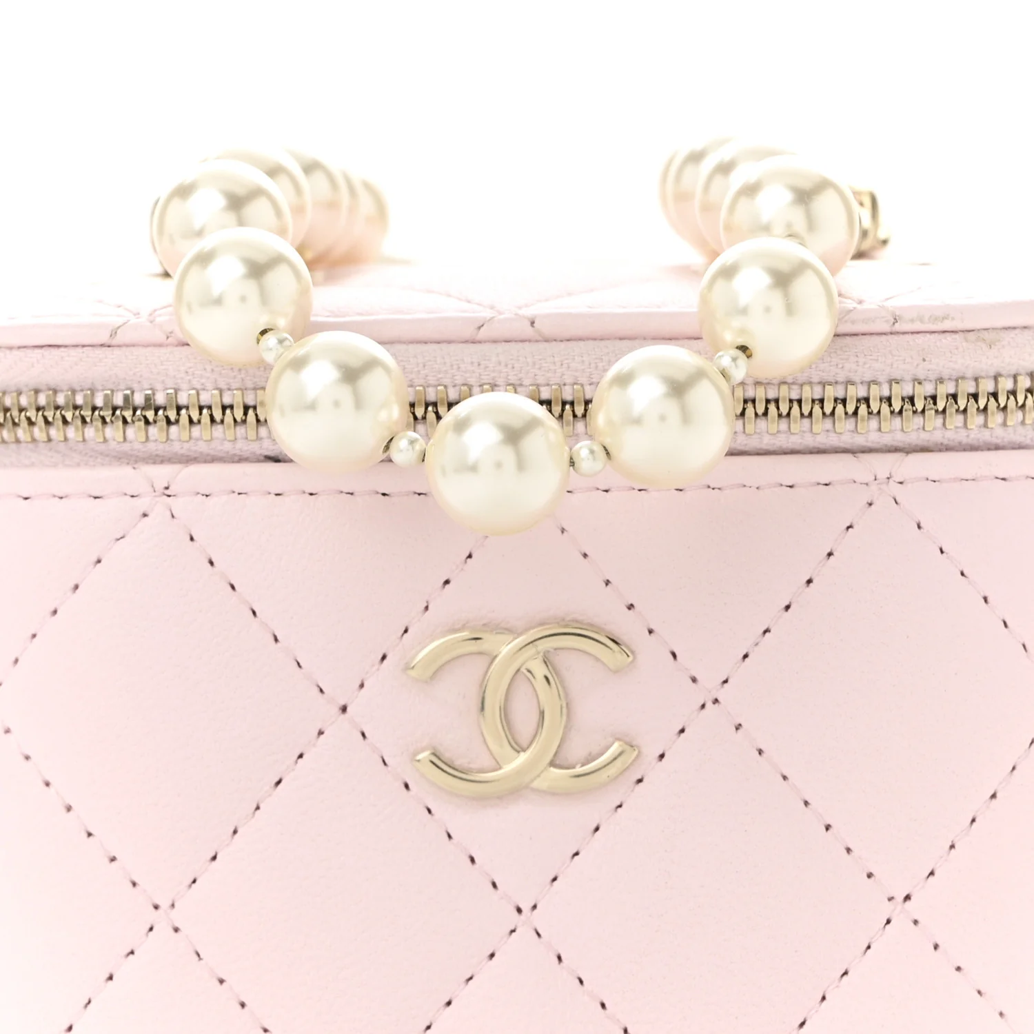 Lambskin Quilted Mini Vanity Case With Pearl Chain Light Pink - Top Club