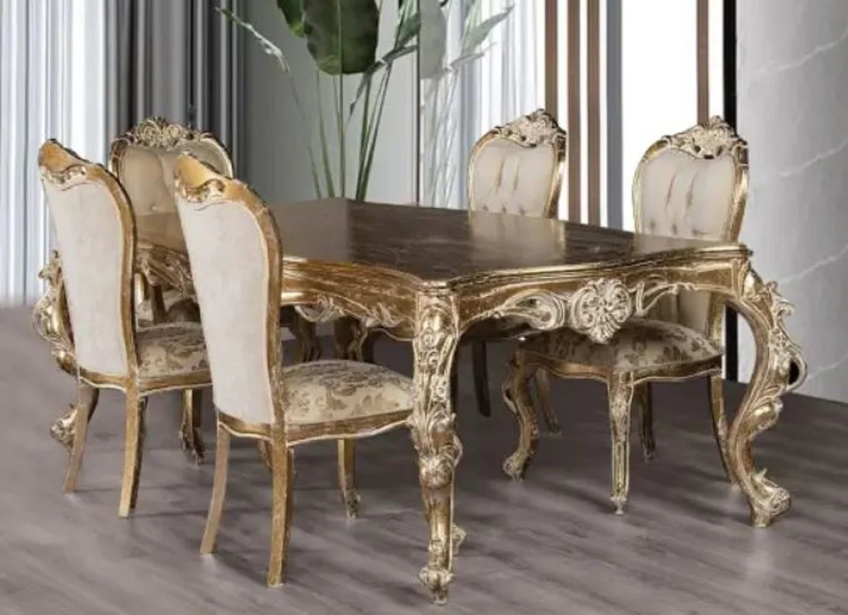 Luxury Baroque Dining Room Set Beige / Gold / Antique Gold - 1 Baroque Dining Table & 6 Baroque Dining Chairs - Dining Room Furniture in Baroque Style - Noble & Magnificent