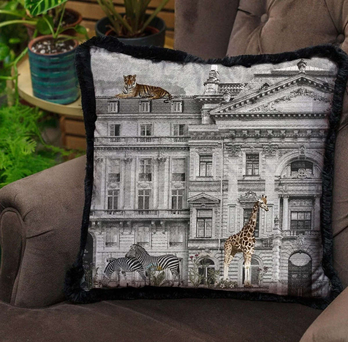 Luxury decorative cushion magnificent house & animals gray / multicolored / black 45 x 45 cm - printed velvet cushion with fringes - luxury decorative accessories