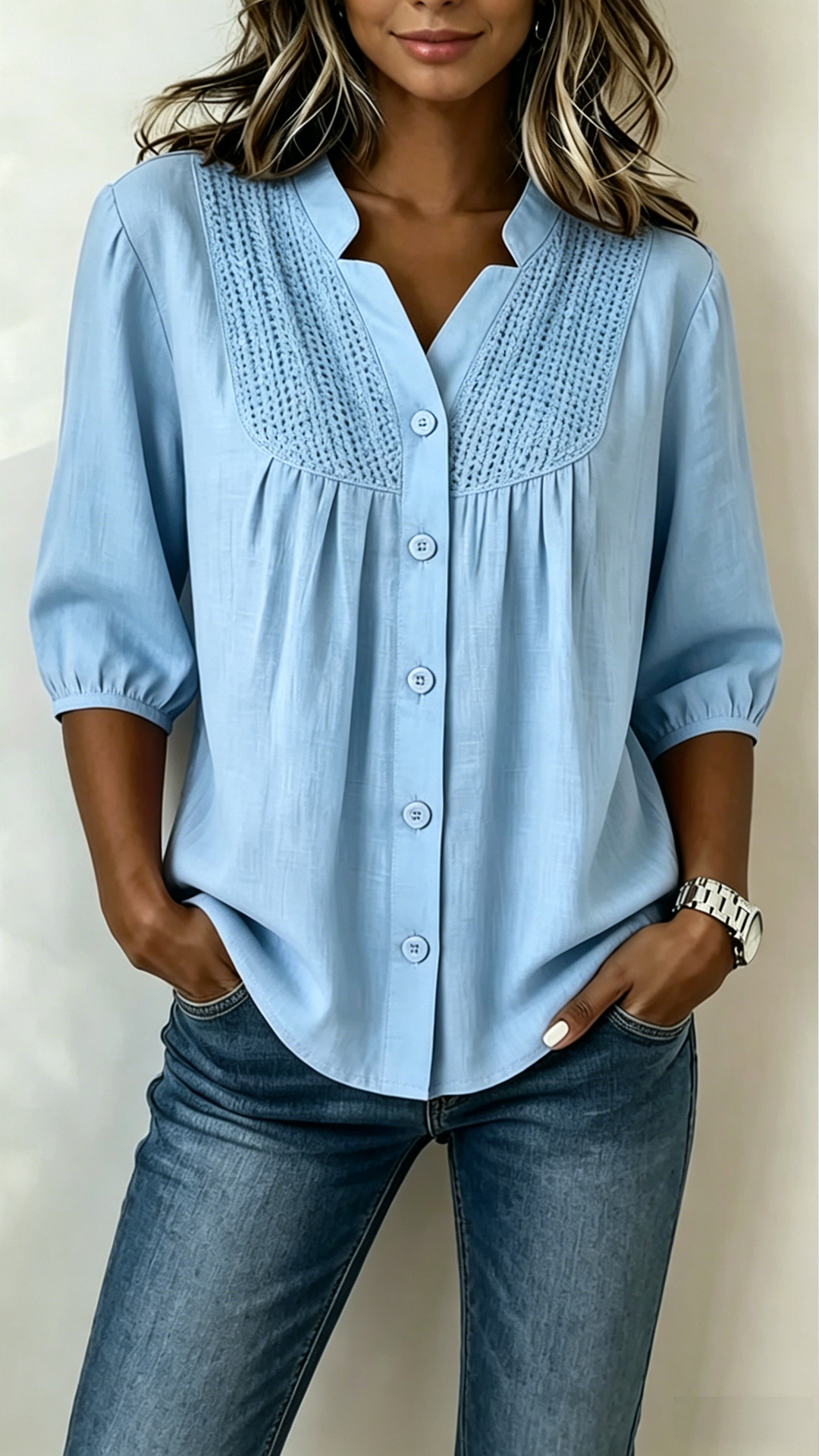Women's  Crochet Detail Cotton-Blend Blouse - Nordfashionstorm - Women's Clothing, Fashion for You - Nordfashionstorm.com