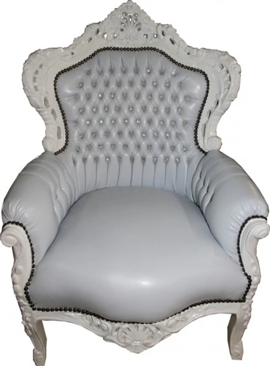 Baroque armchair King white/white leather look with bling bling glitter stones - unique