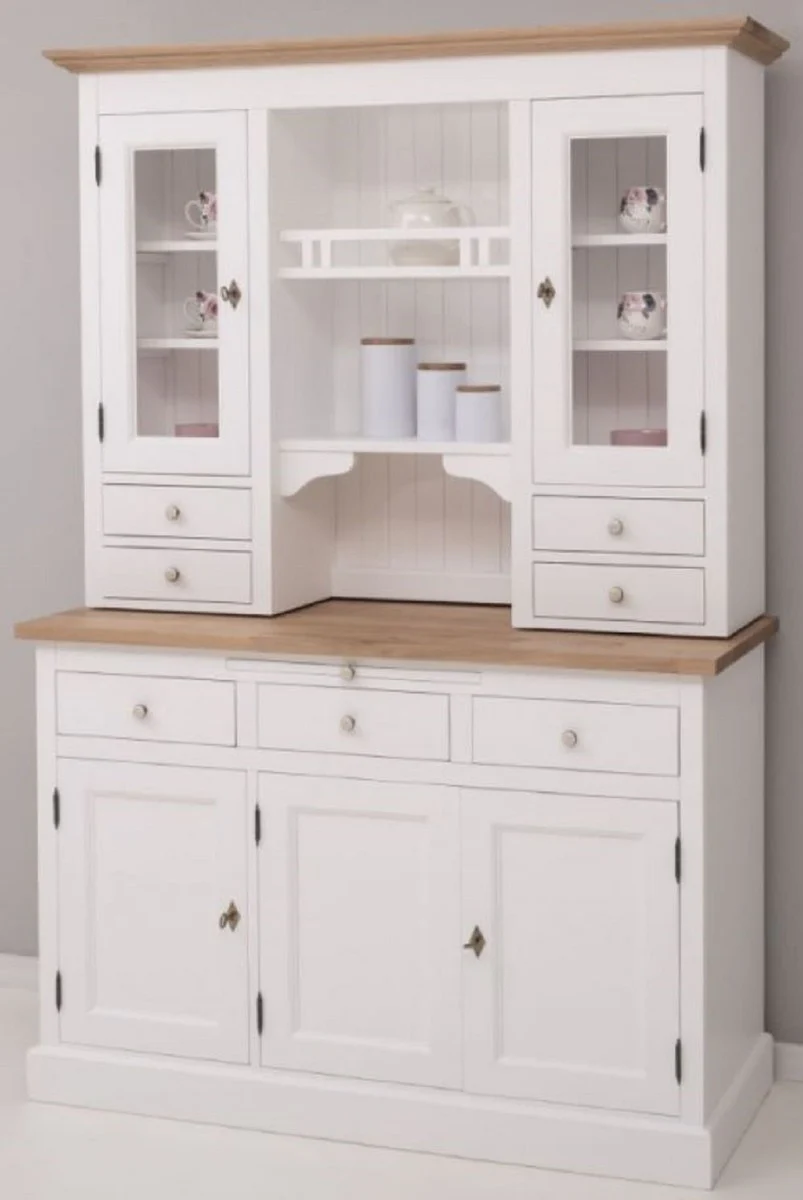Country house style kitchen cabinet white / natural colors 138 x 50 x H. 197 cm - 2-part kitchen cabinet with 5 doors and 7 drawers - country house style kitchen furniture