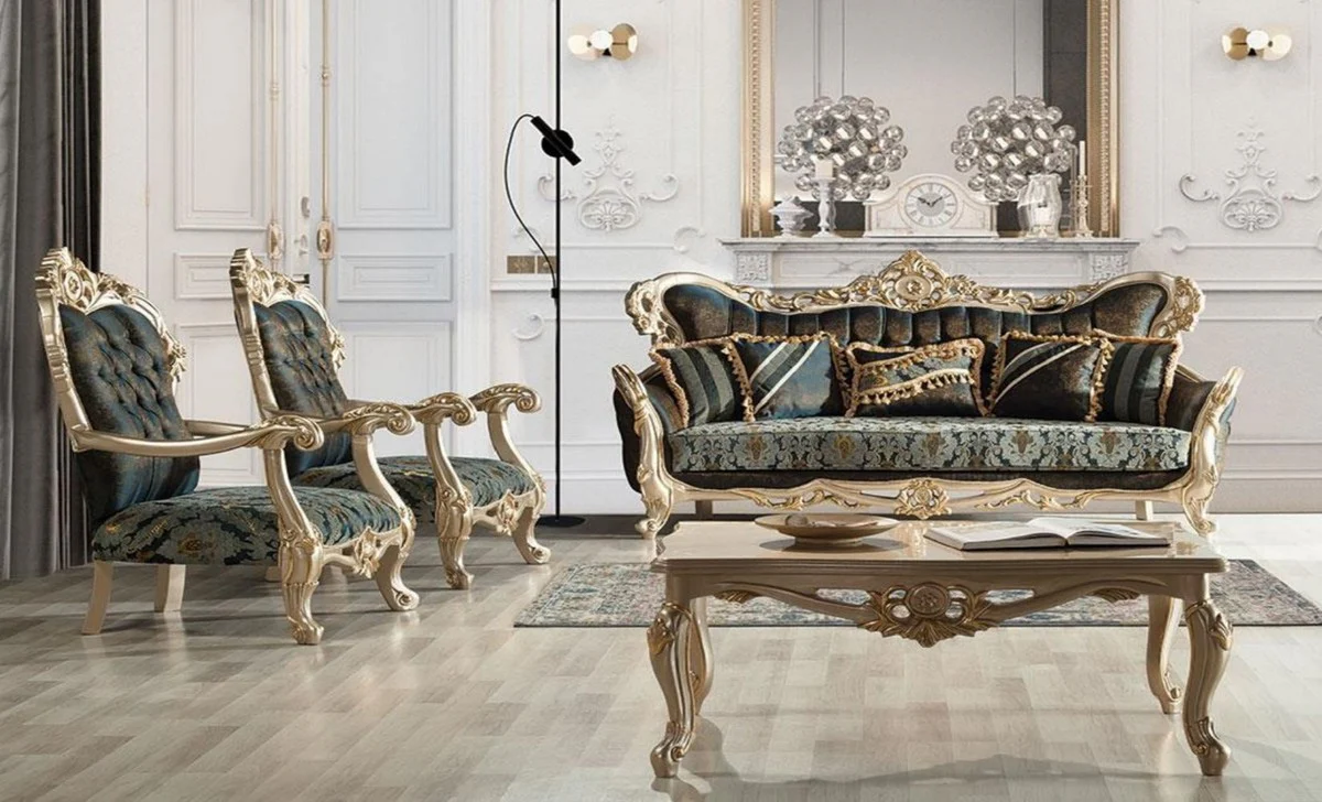 Luxury Baroque Living Room Set Dark Blue / Turquoise / Silver / Gold - 2 Baroque Sofas with Pattern & 2 Baroque Armchairs with Pattern & 1 Baroque Coffee Table - Baroque Living Room Furniture