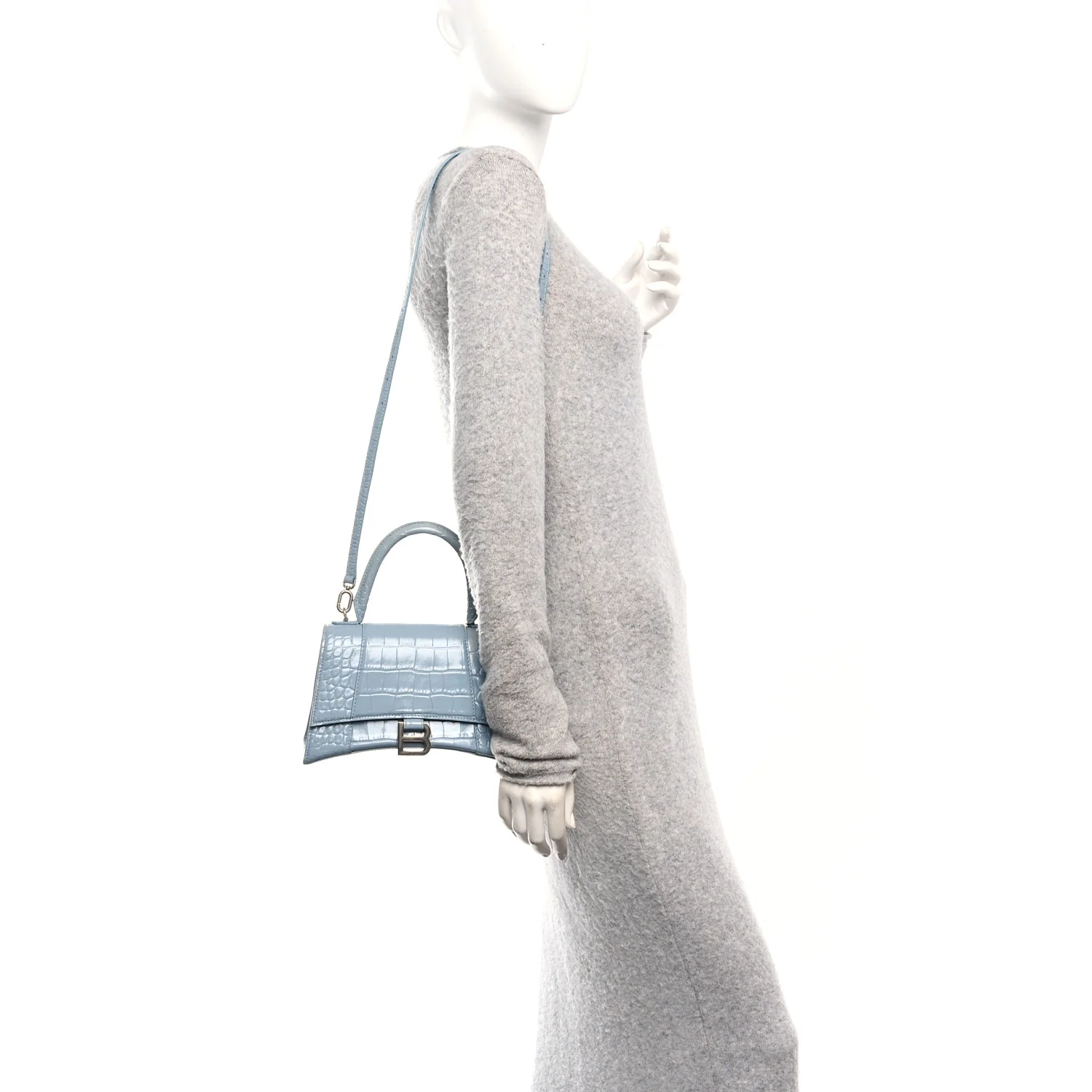Shiny Calfskin Crocodile Embossed Small Hourglass Top Handle Bag Blue Grey