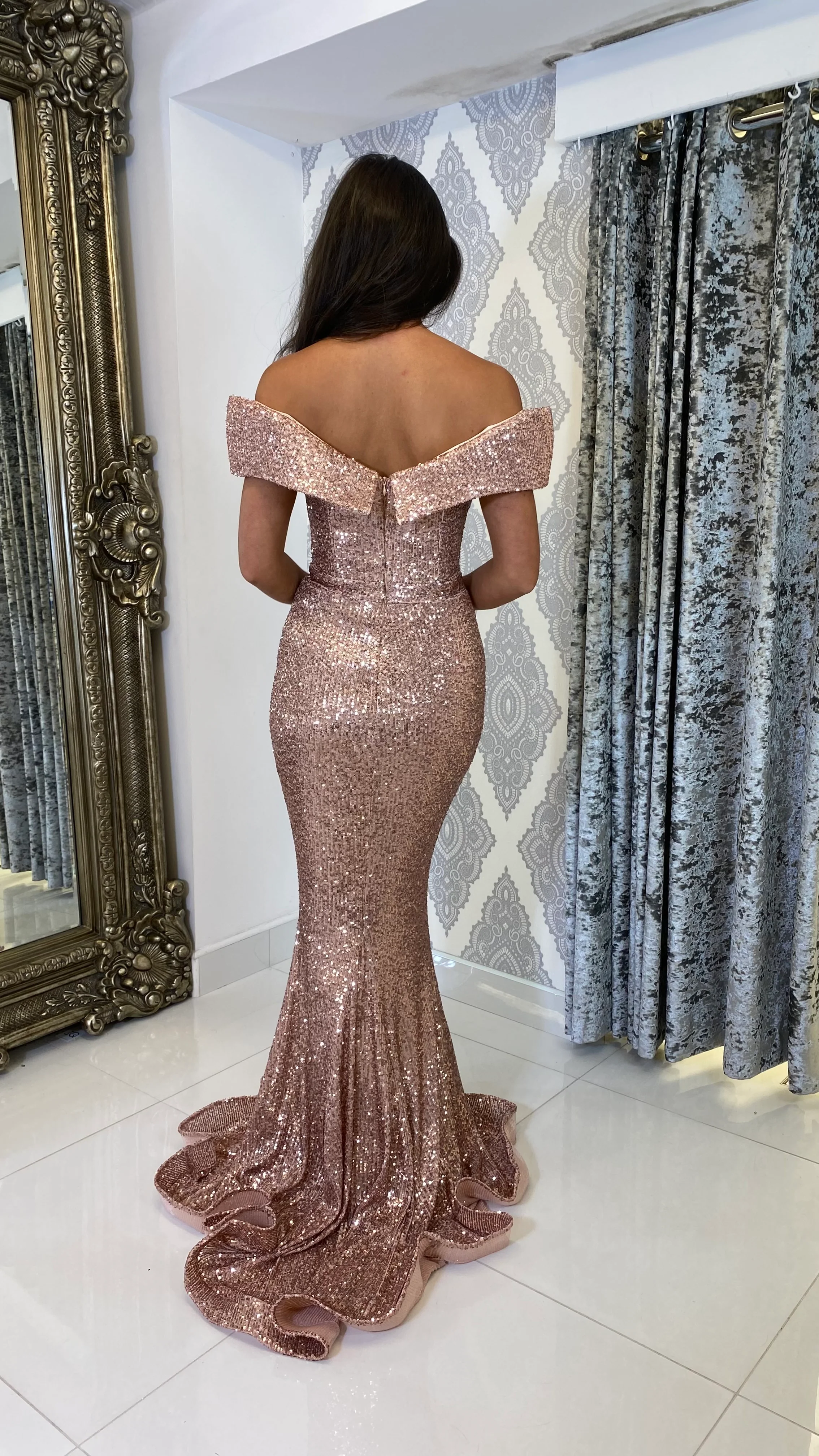 Rose Gold Sequin Bardot Full Length Gown